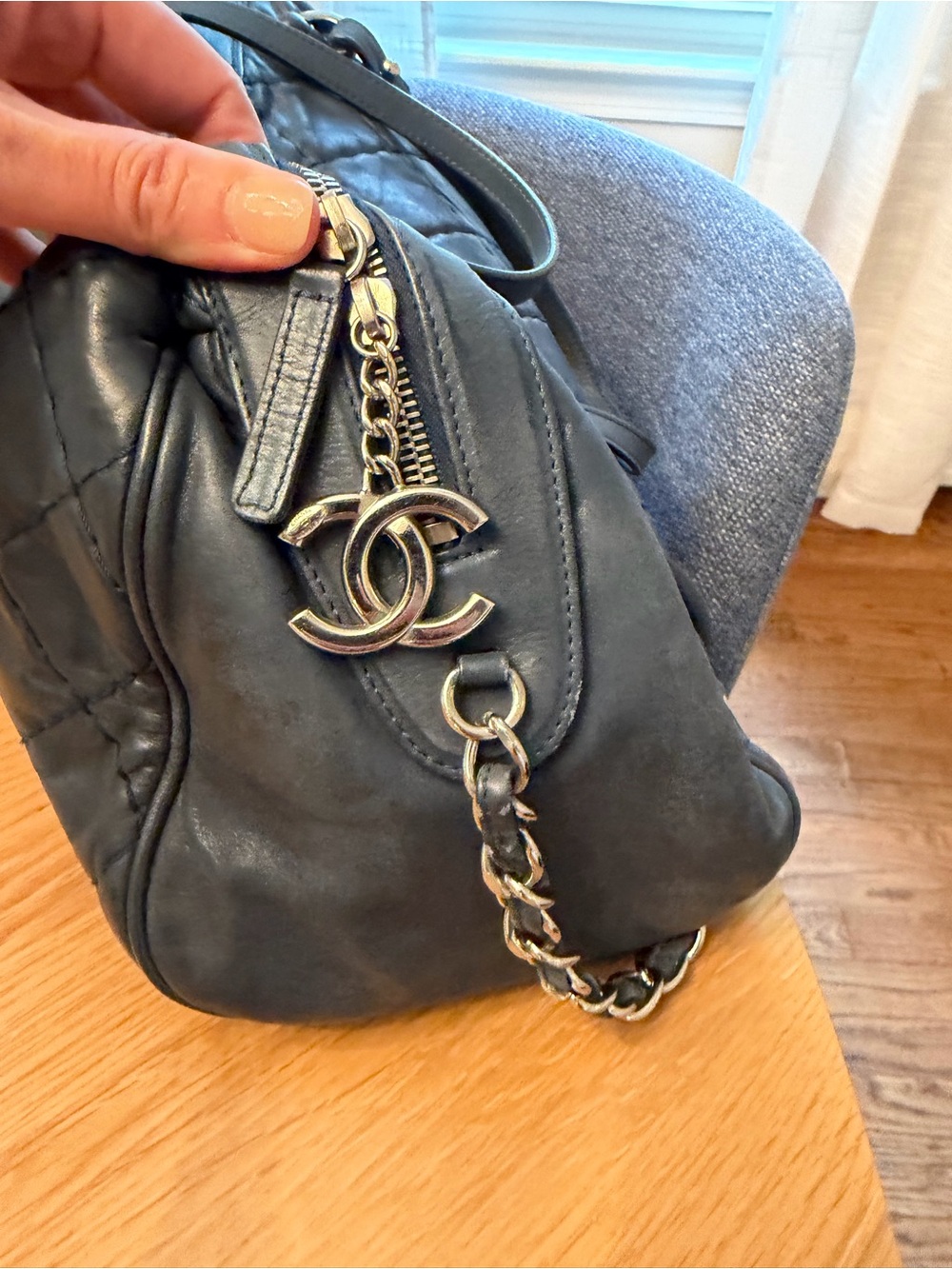 CHANEL Blue Diamond Quilted Leather Bowling Satchel with Chain Strap - Picture 9 of 16